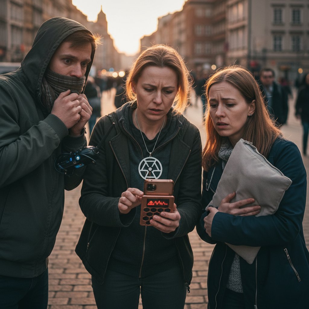 Grupa dorosłych Polaków dyskutuje na ulicy, patrząc na telefon z zaniepokojeniem — obrazujący lęk społeczny wokół promieniowania