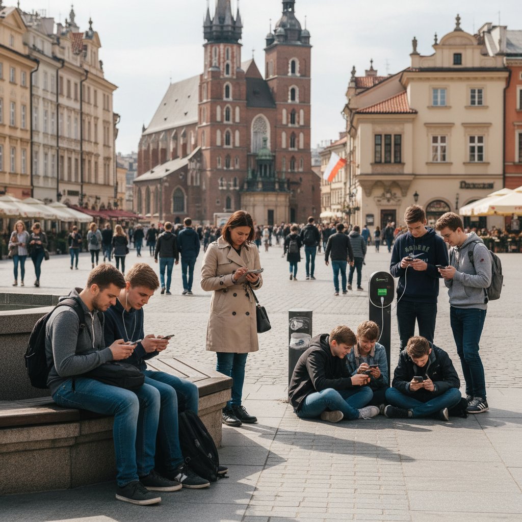 Mieszkańcy Polski korzystający z urządzeń mobilnych w przestrzeni publicznej, różne pokolenia