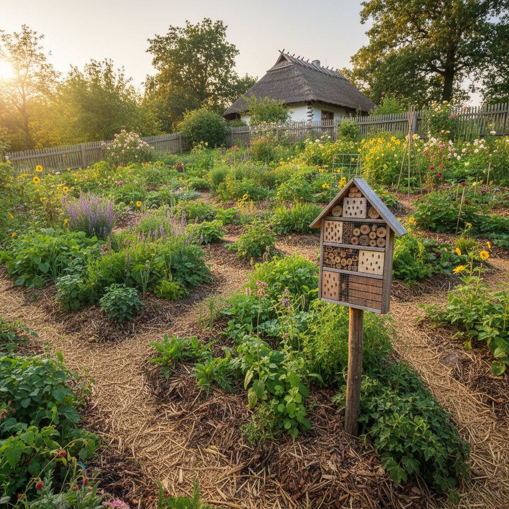 Permakulturowy ogród w Polsce: warstwy roślin, ściółka, domki dla owadów, dziki wygląd