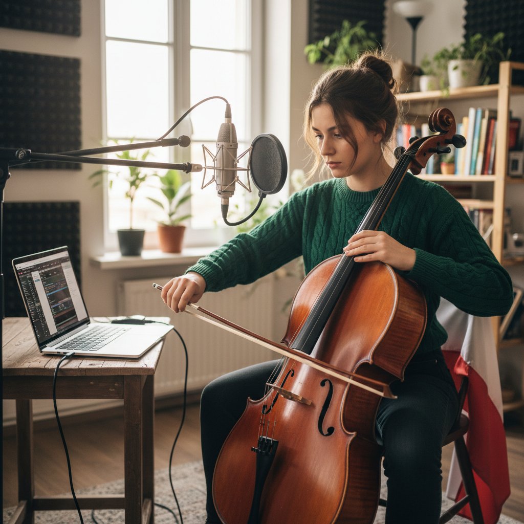 Osoba dostosowująca mikrofon do wiolonczeli na tle laptopa