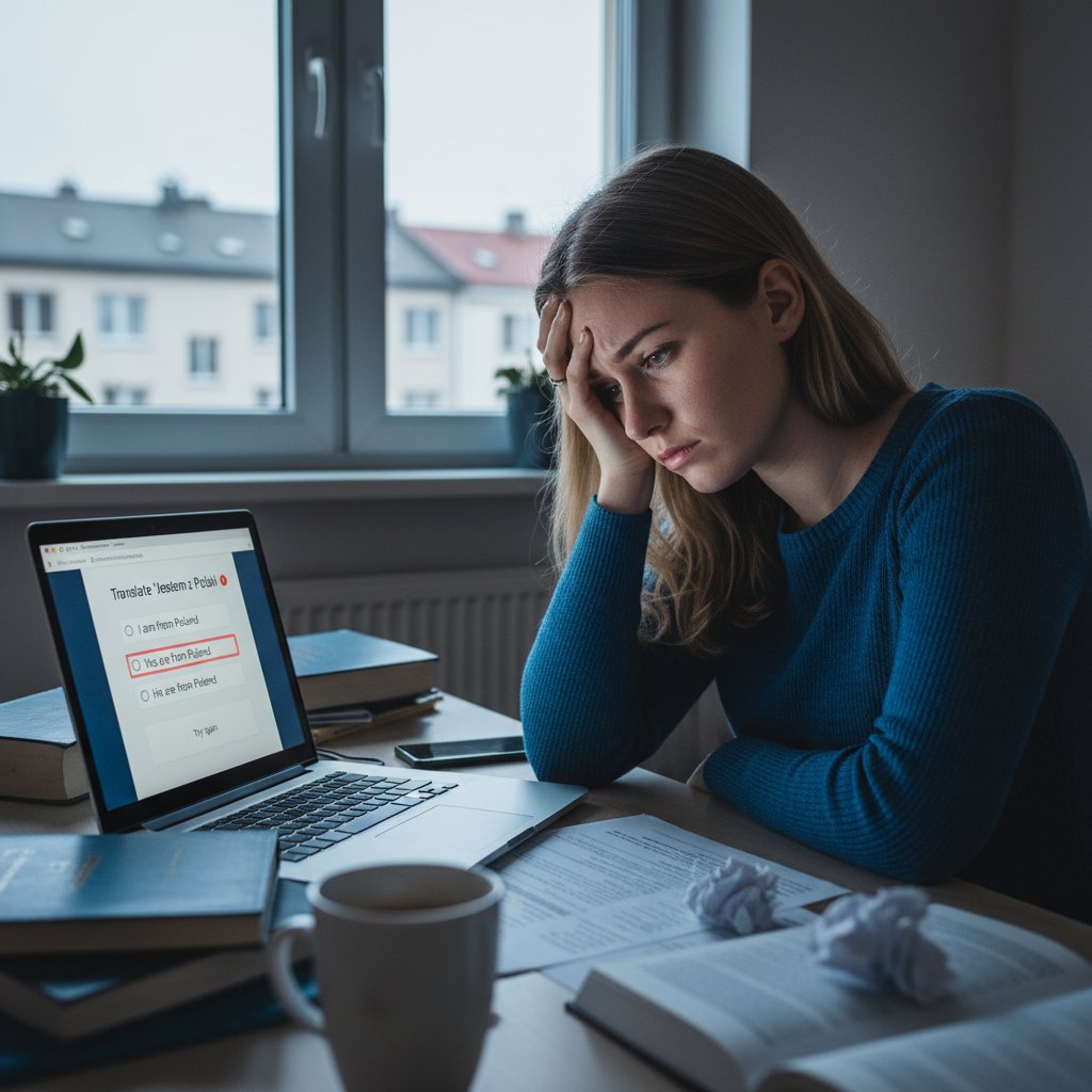 Samotna osoba patrzy na ekran komputera z wyrazem zniechęcenia