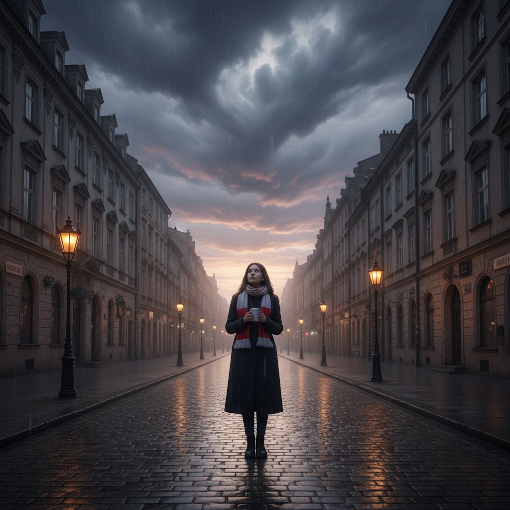 Osoba stojąca samotnie na pustej ulicy miasta o świcie, dramatyczne chmury – symbol niepewności i siły