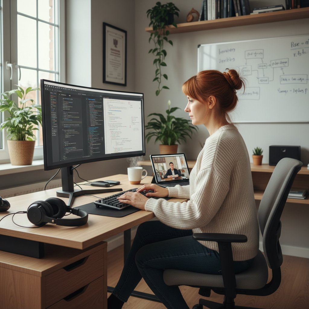 Zdjęcie Polaka pracującego przy komputerze w domowym biurze – microlearning i praktyka