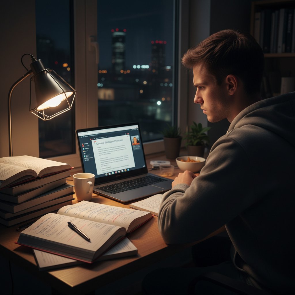 Polak uczący się włoskiego w domu z laptopem i notatkami, nocne światło, determinacja