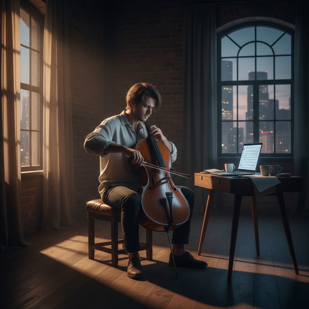 Młoda osoba ćwicząca na wiolonczeli przy laptopie w surowym, miejskim mieszkaniu – klimat nauki online