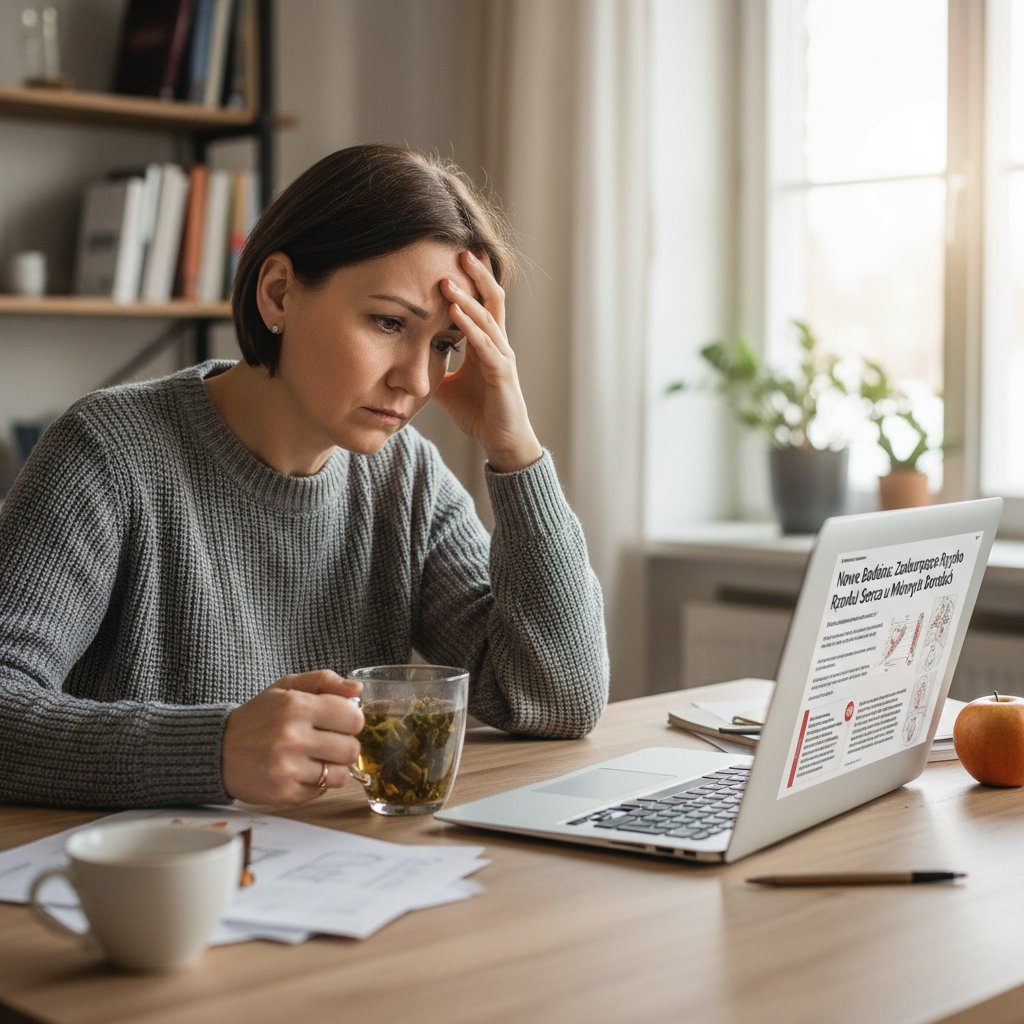 Polski internauta czyta artykuł o hematologii na laptopie, z widocznym zamyśleniem i niepewnością na twarzy