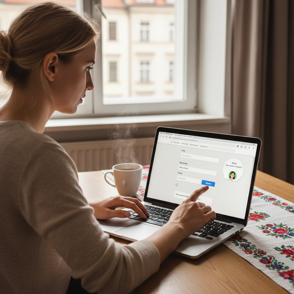 Osoba rejestruje się na platformie do rozmów online, ekran laptopa – krok po kroku do pierwszej rozmowy