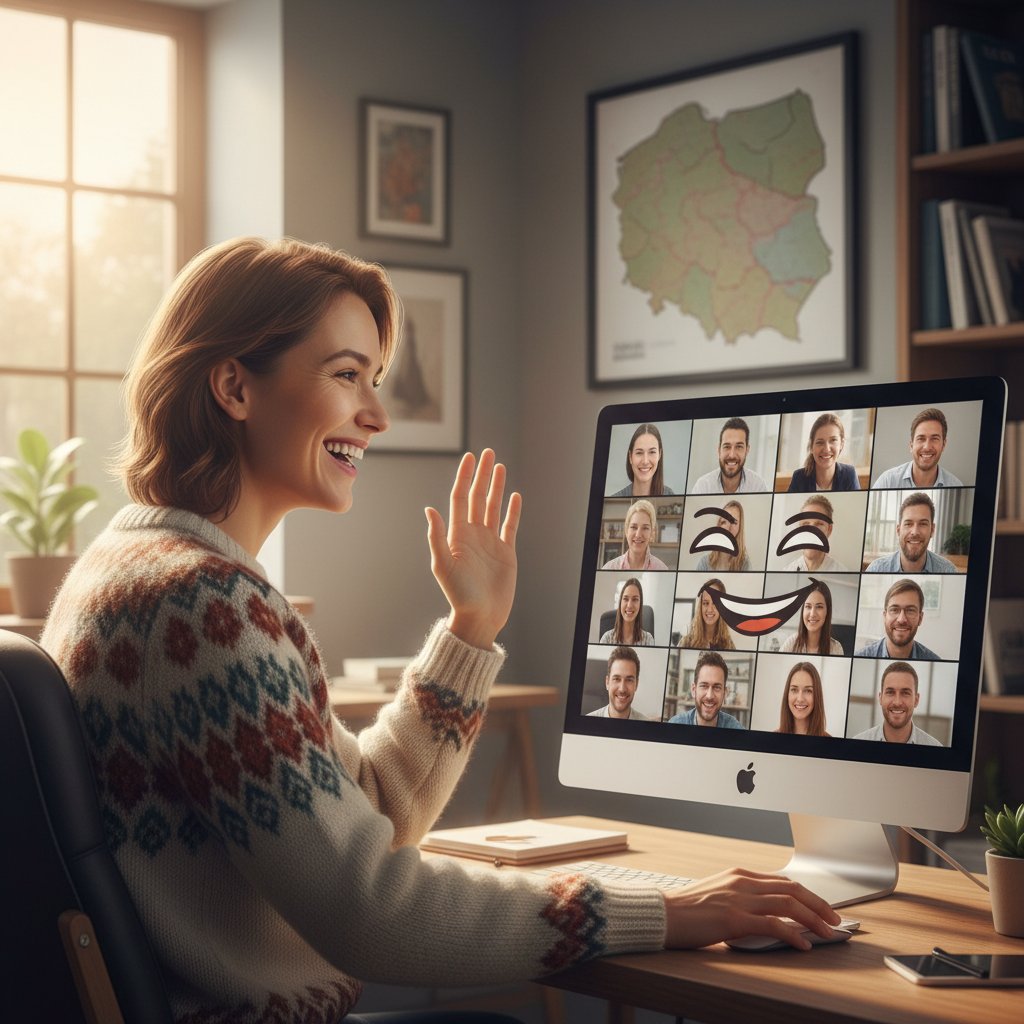 Młoda osoba uśmiecha się do monitora podczas rozmowy online – poczucie bycia wysłuchanym