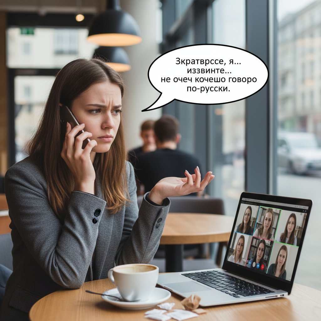 Młoda osoba rozmawiająca po rosyjsku online w niepewnym nastroju, komputer, kawa, napięcie