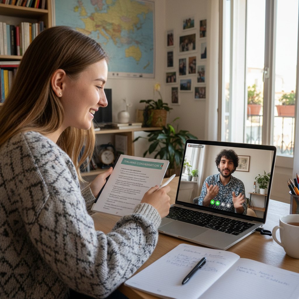 Polak prowadzący wideorozmowę po włosku z native speakerem, domowe warunki