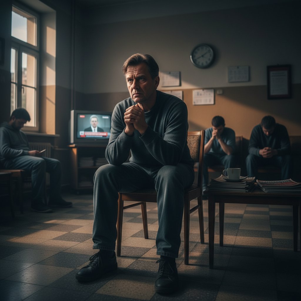 Osoba czekająca na wizytę w poczekalni, wieczorne światło, widoczne napięcie, polski kontekst