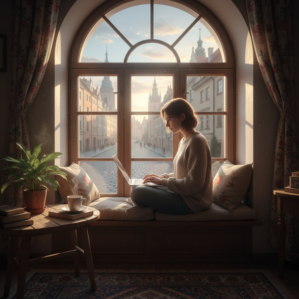 Polska osoba patrząca w okno z laptopem na kolanach, światło poranka, atmosfera nadziei