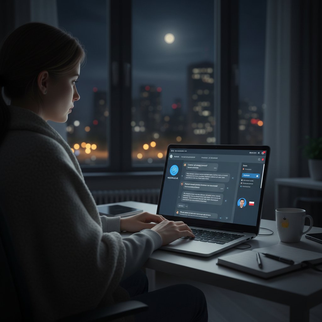 Osoba siedząca wieczorem przy laptopie, ekran oświetla twarz, klimat samotności i ciekawości, rozmowa z AI