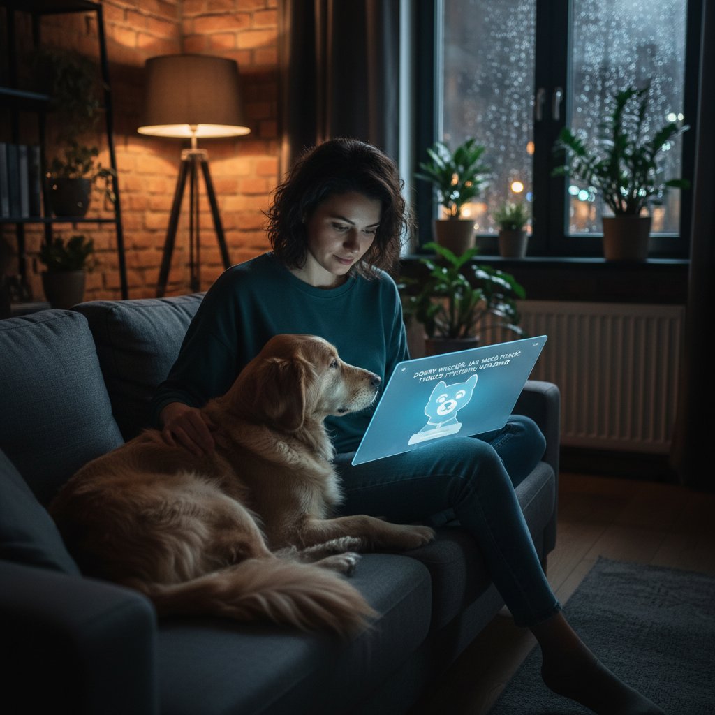 Właściciel psa korzystający ze smartfona z cyfrowym asystentem weterynaryjnym w nocy w mieszkaniu