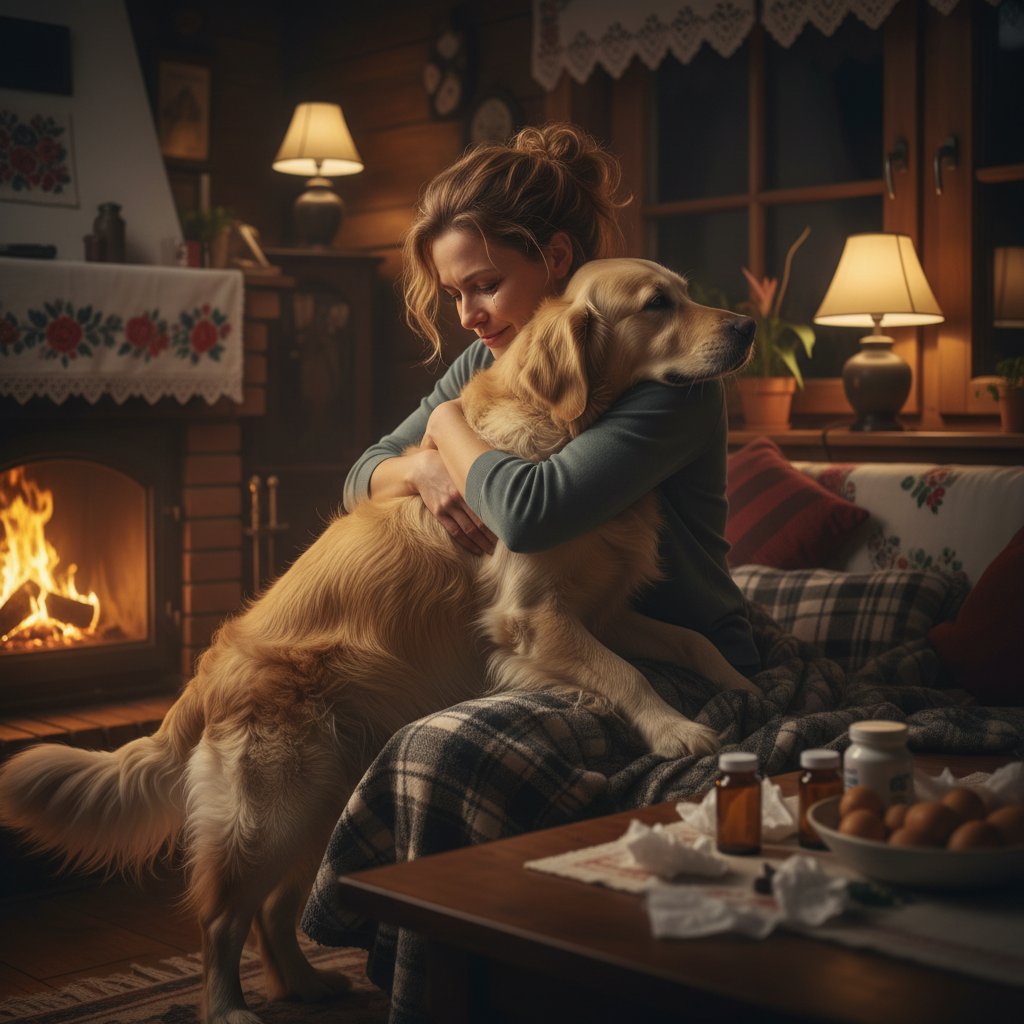 Właściciel przytula zdrowe zwierzę po kryzysie