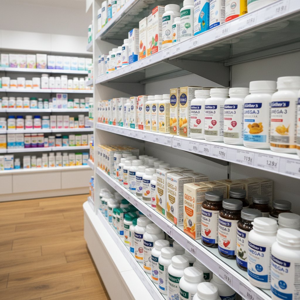 Polska apteka z półką pełną omega 3 – naturalne światło, wysokokontrastowe ujęcie