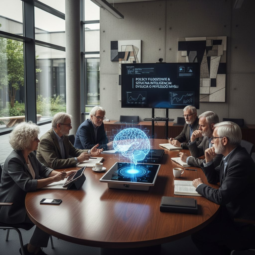 Grupa polskich filozofów i naukowców debatująca o AI przy okrągłym stole w stylu nowoczesnego uniwersytetu
