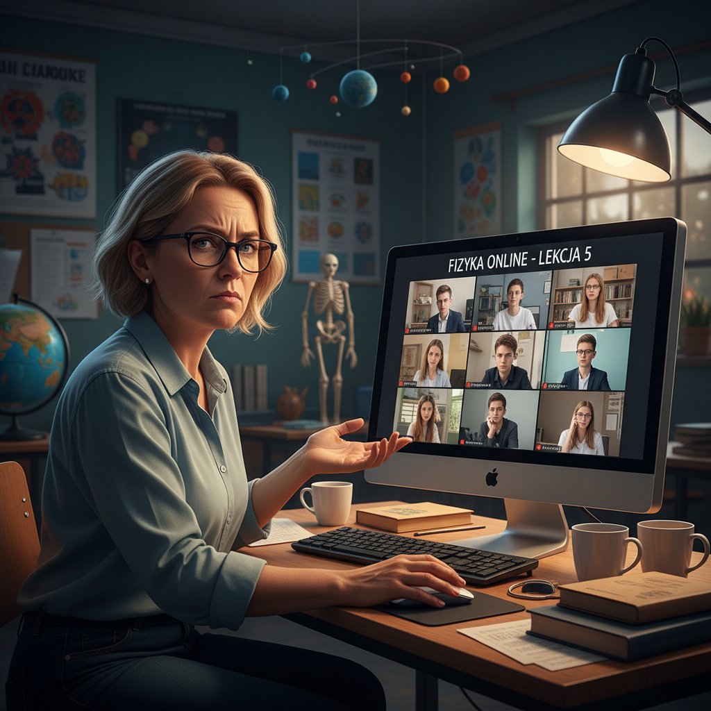 Nauczyciel fizyki w polskiej szkole patrzący sceptycznie na ekran komputera podczas lekcji online