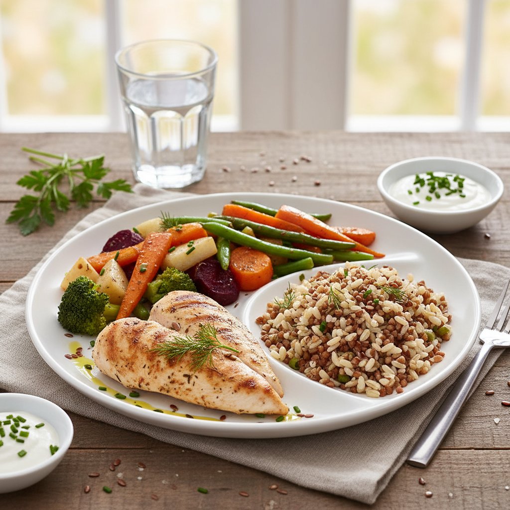 Polski talerz: połowa warzywa, ćwiartka białko, ćwiartka węglowodany – wzorcowy zdrowy posiłek