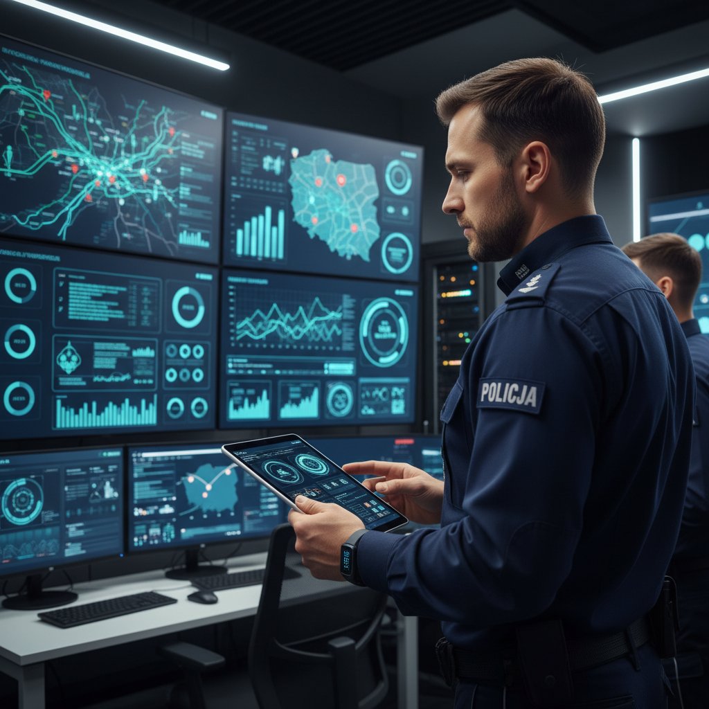 Policjant w Polsce analizujący dane z opaski fitness podczas pracy w terenie