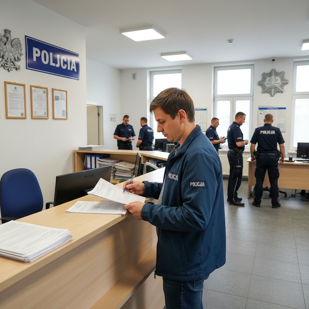 Zgłaszanie oszustwa internetowego na komisariacie w Polsce, osoba siedząca z dokumentami przy biurku w komisariacie