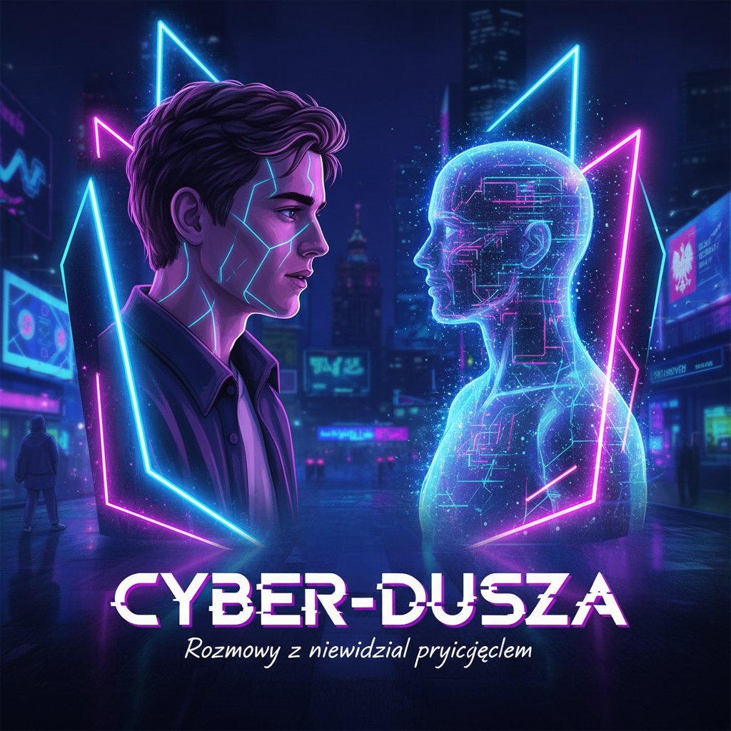 Plakat filmowy w stylu polskiej popkultury, przedstawiający osobę rozmawiającą z cyfrowym przyjacielem, neonowe światła, miejski klimat