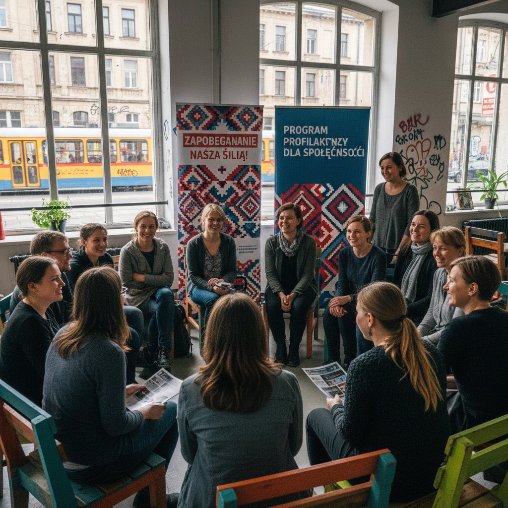 Grupa młodych ludzi podczas warsztatów profilaktycznych, zaangażowanych w dyskusję na tle miejskiego muralu