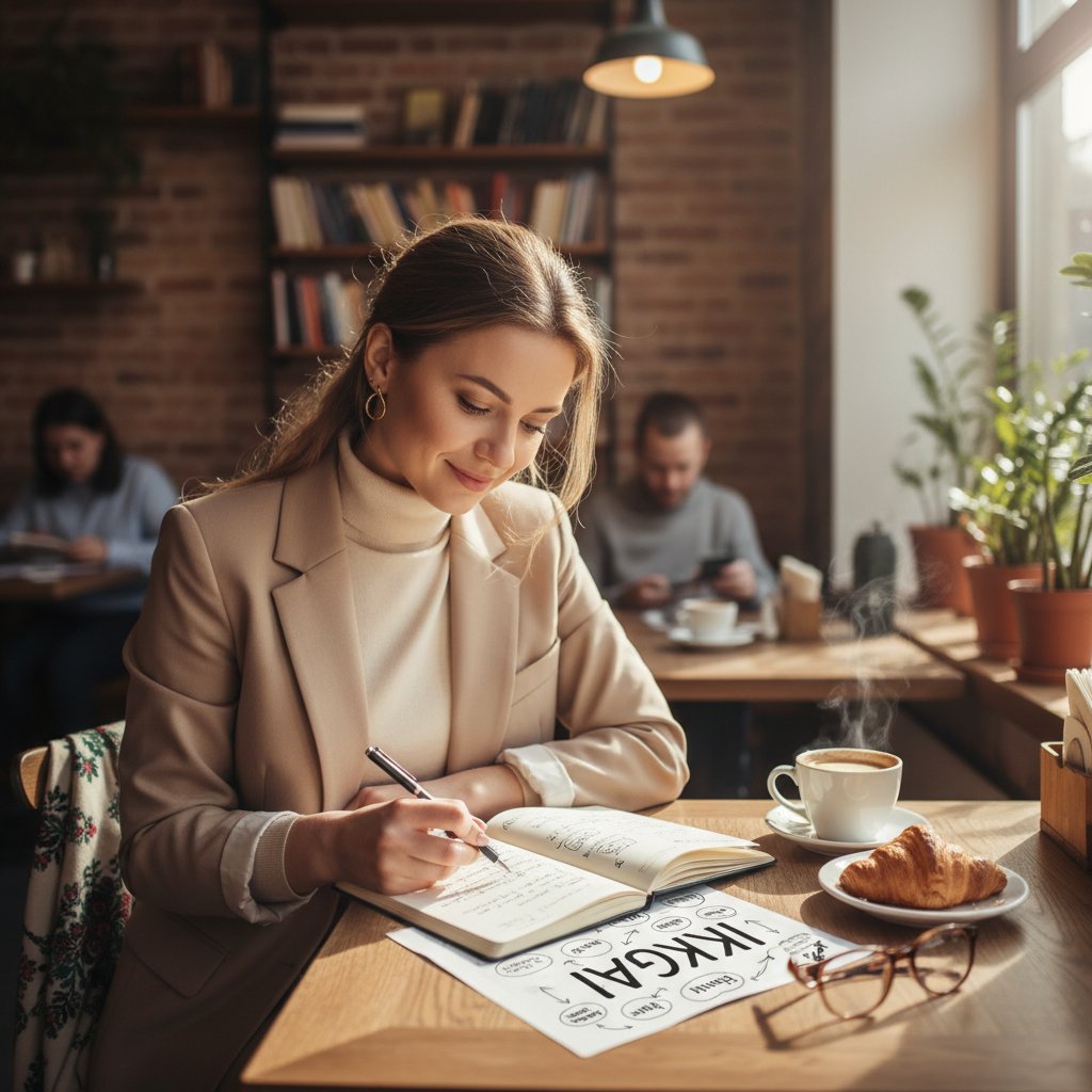 Polski profesjonalista analizujący swój "ikigai" w notesie, w tle spokojna kawiarnia