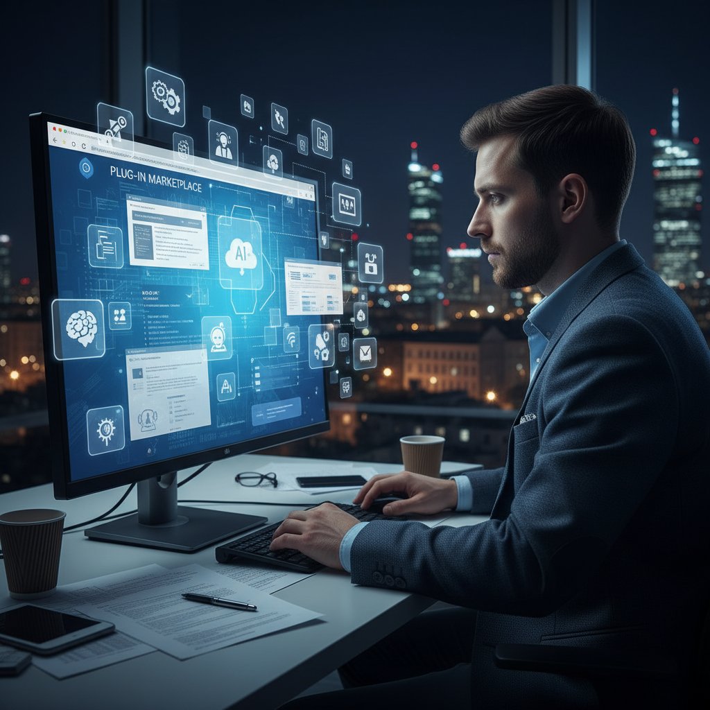 Profesjonalista korzystający z chatgpt rozszerzenia w nocnym biurze, światło laptopa odbijające się w okularach, nowoczesne miasto za oknem