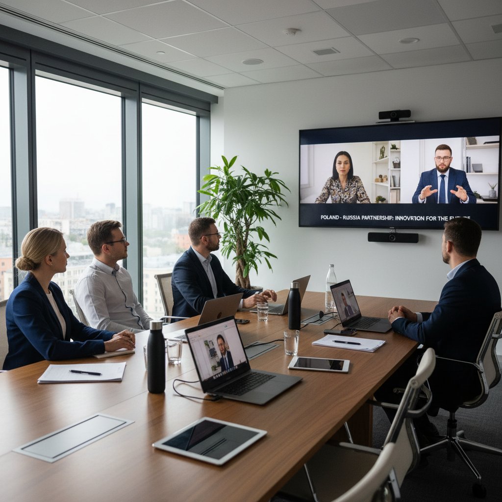 Polski profesjonalista uczestniczy w zdalnej konferencji z rosyjskojęzycznymi partnerami, nowoczesny biurowiec