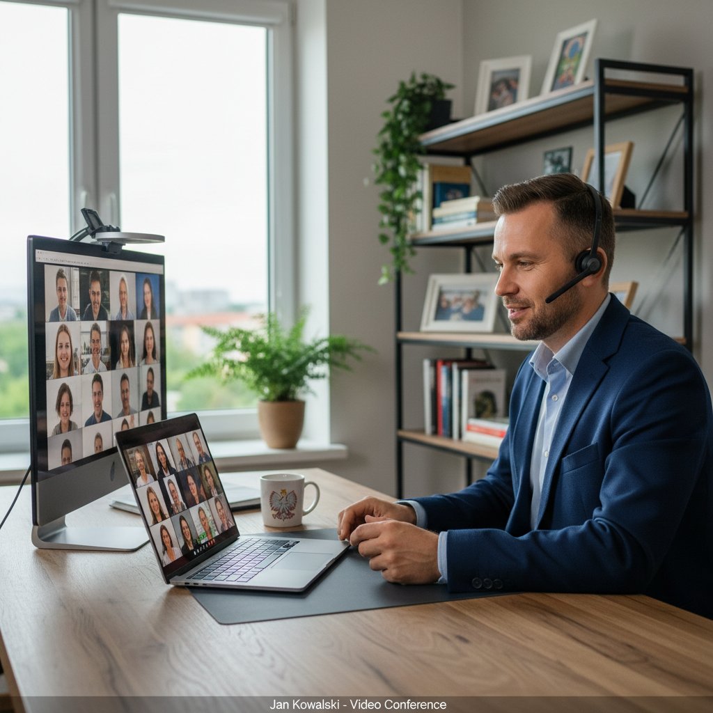 Młody profesjonalista z Polski prowadzi intensywną wideo rozmowę w domowym biurze, otoczony cyfrowymi gadżetami