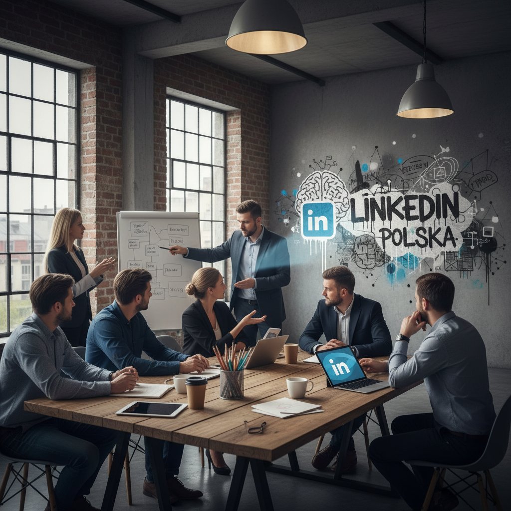 Kreatywny zespół polskich profesjonalistów przy neonowym logo LinkedIn, atmosfera intensywnej burzy mózgów i rebelii