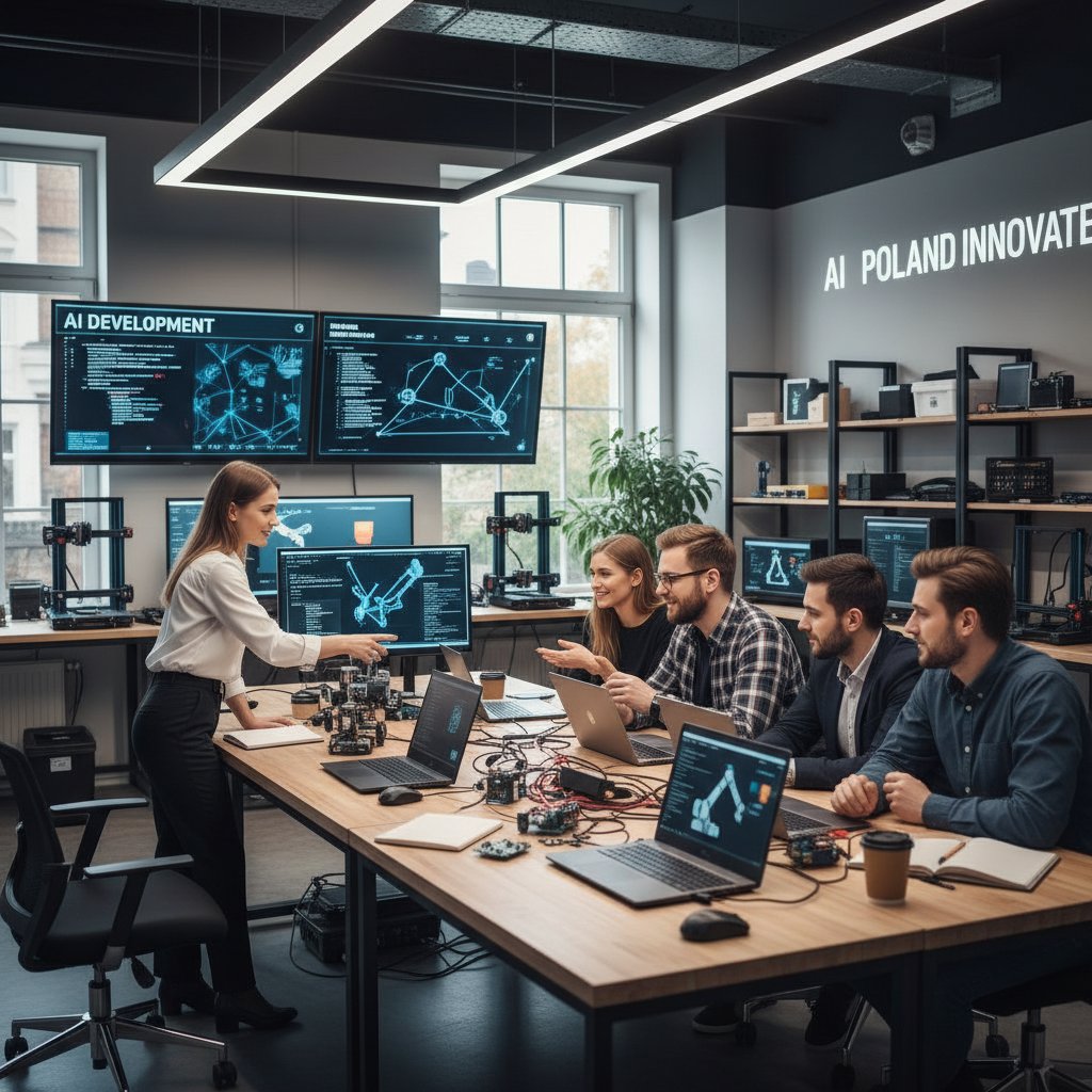 Grupa młodych profesjonalistów przy laptopach, warsztaty prompt engineering w Polsce, energetyczna atmosfera