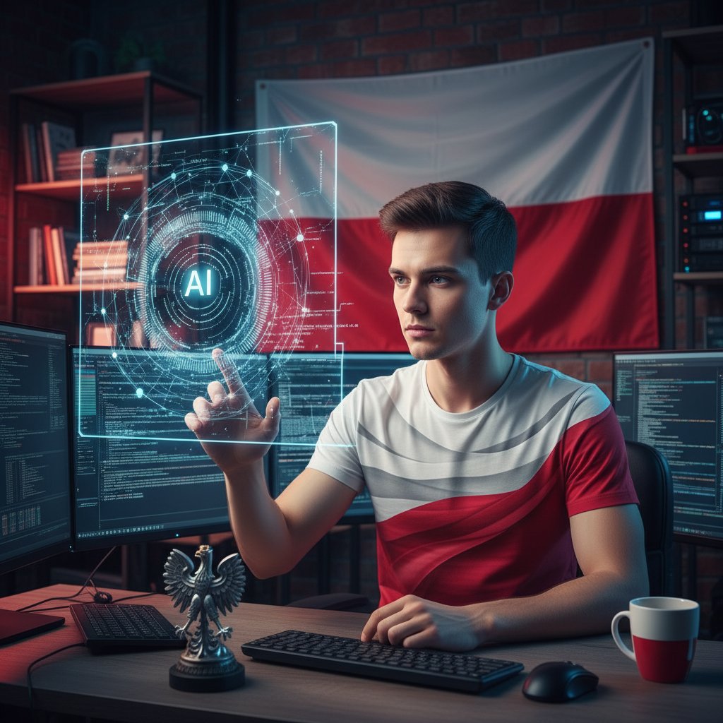 Polski programista pracuje nad algorytmem AI na tle flagi Polski i kodu komputerowego