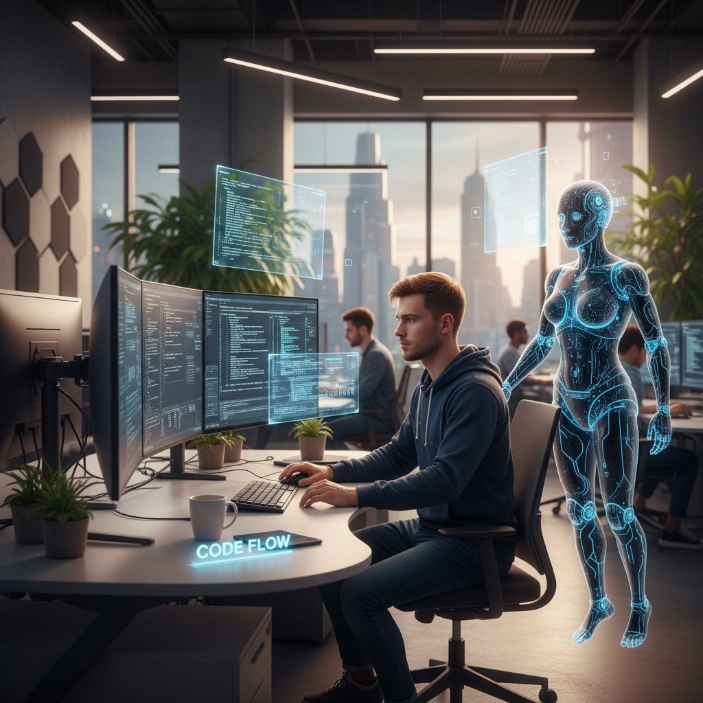 Polski programista pracujący z AI, ekran z kodem i AI asystentem – nowa rzeczywistość pracy