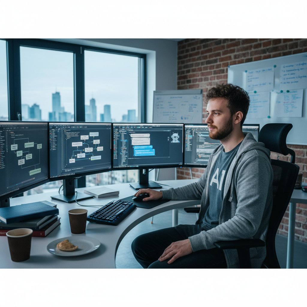 Polski programista pracujący nad chatbotem AI, biurko z laptopem przy oknie, nocna Warszawa