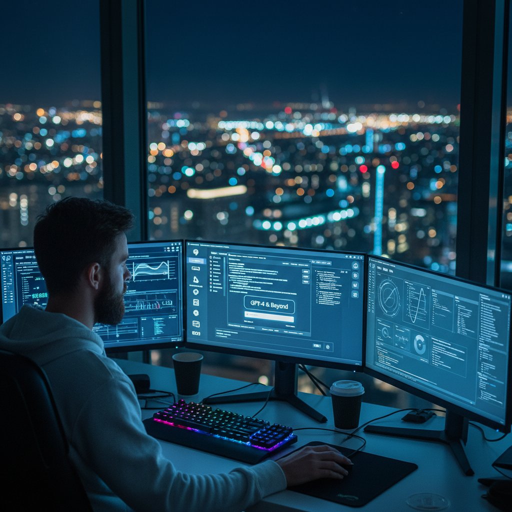 Polski programista w nocy, kodowanie i czat AI po polsku na kilku ekranach, światła miasta za oknem