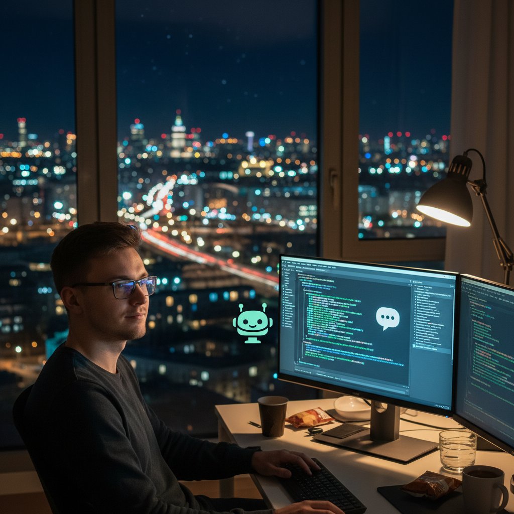 Programista w nocy przy komputerze z kodem Python i awatarem AI, klimat miasta i chaosu