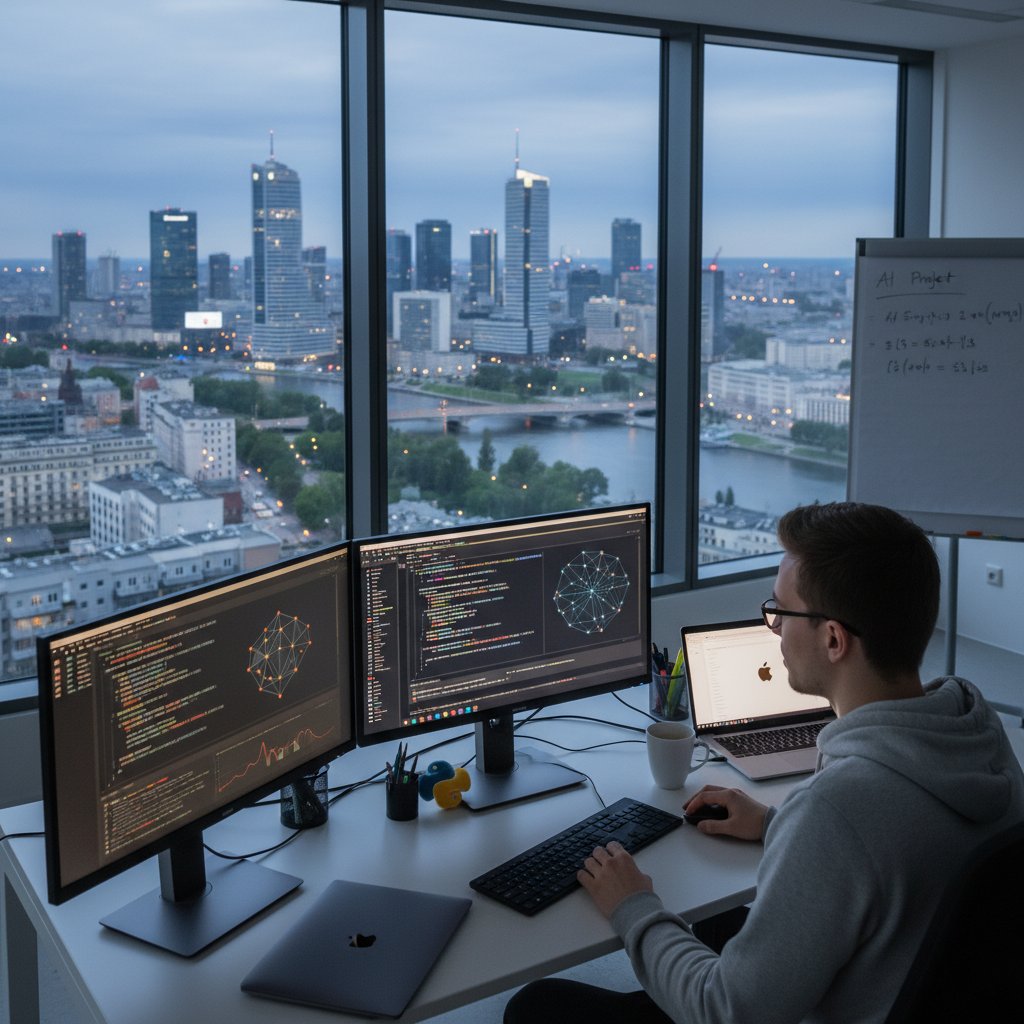 Młody polski programista przy biurku, koduje w Pythonie z AI, widok na polskie miasto