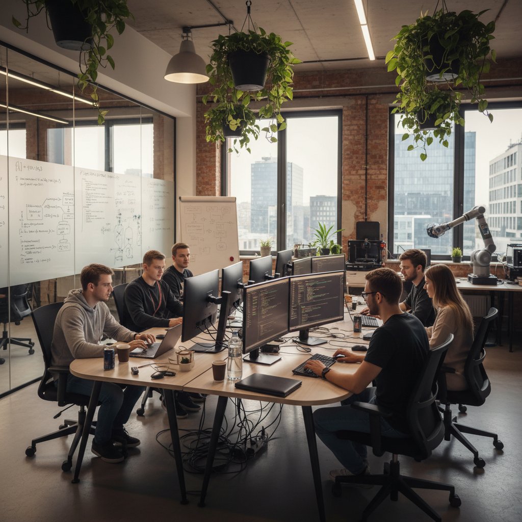 Polscy programiści pracujący nad rozwojem AI w nowoczesnym biurze