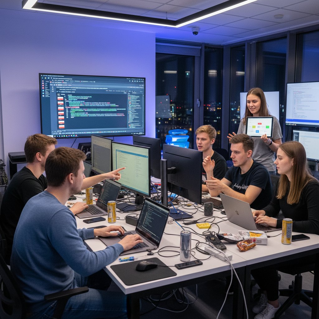 Zespół młodych programistów na hackathonie online, laptopy, kod na ekranach, intensywna praca