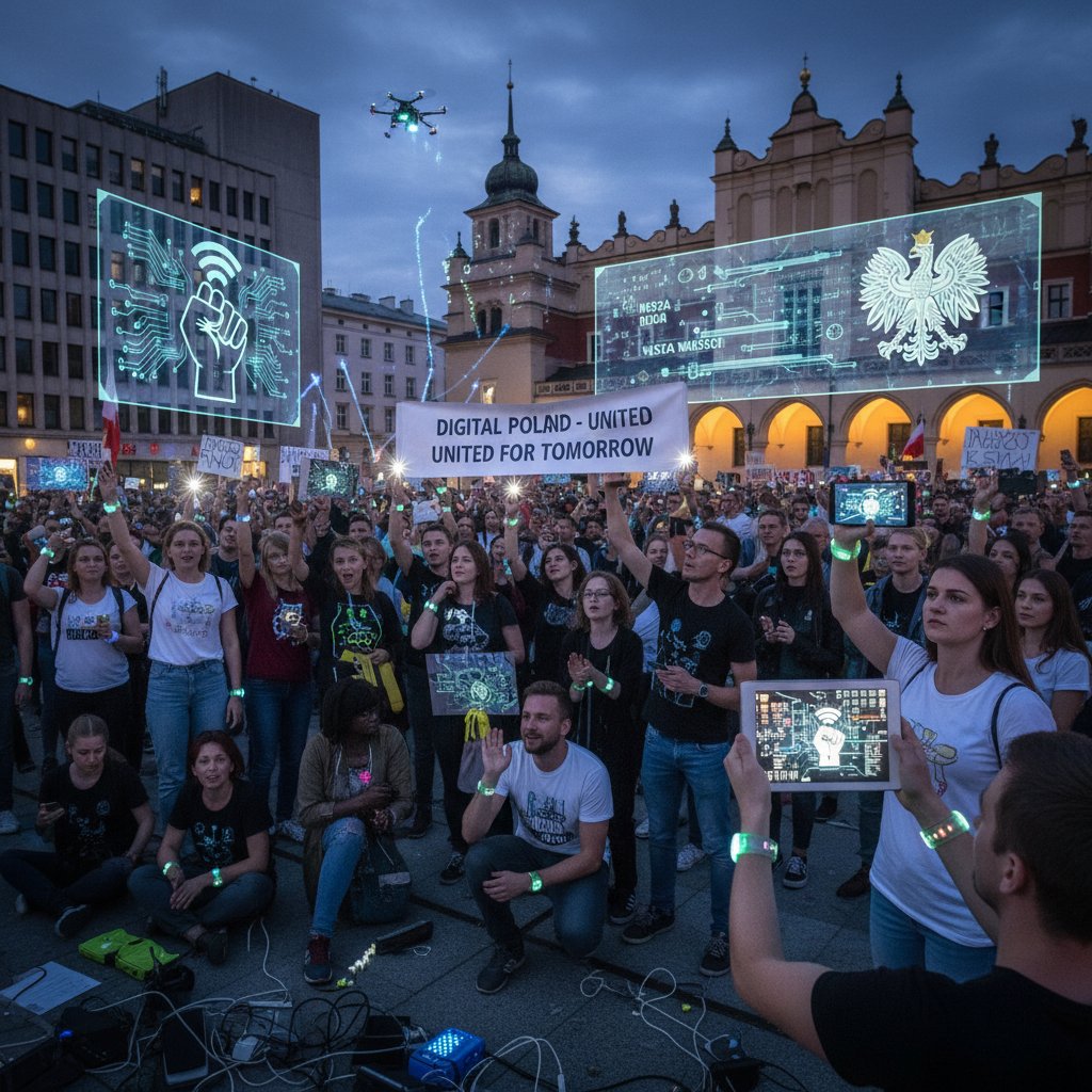 Tłum polskich protestujących z transparentami i smartfonami, cyfrowa rewolucja społeczna