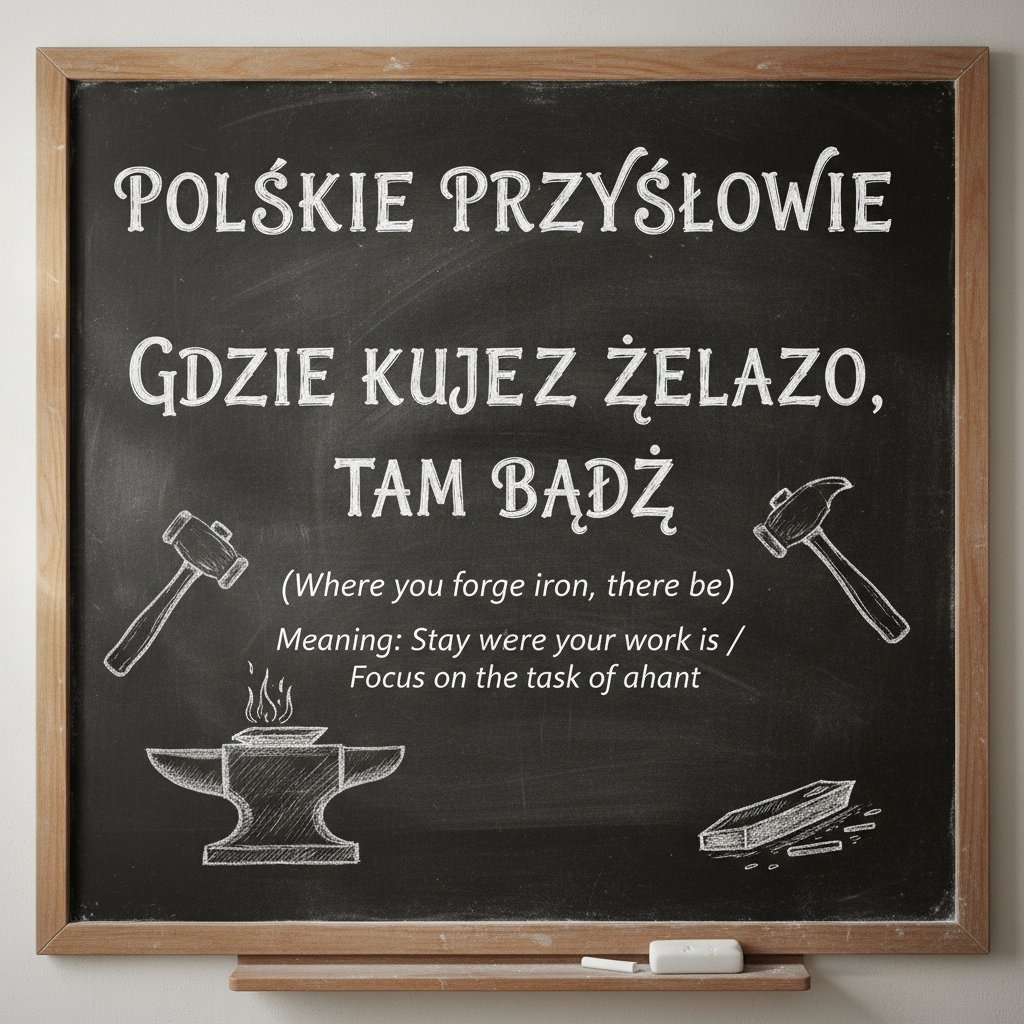 Przysłowie o pracy na tablicy szkolnej, symbolizujące samodyscyplinę w polskiej kulturze pracy