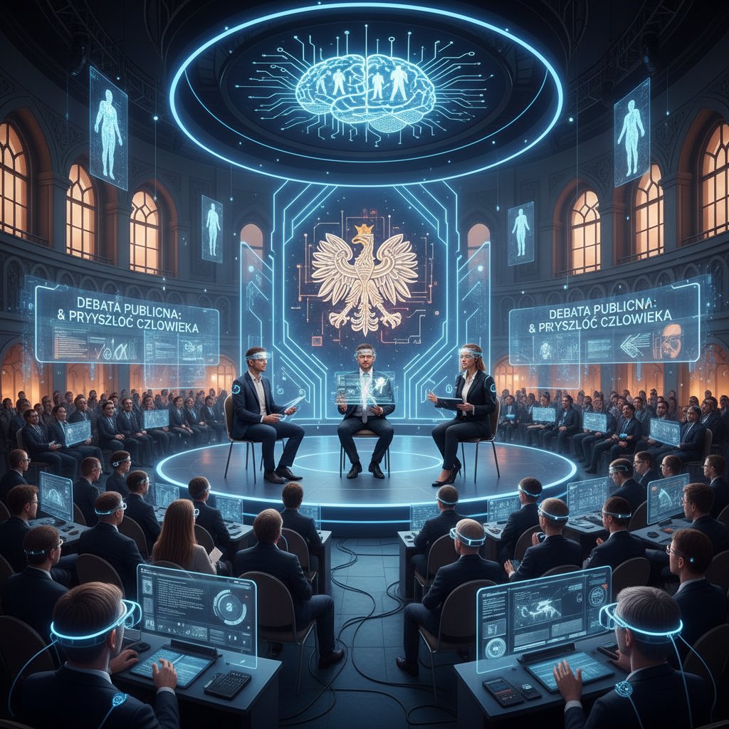 Polska debata publiczna o transhumanizmie, ludzie z nowoczesnymi akcesoriami AI na ulicy