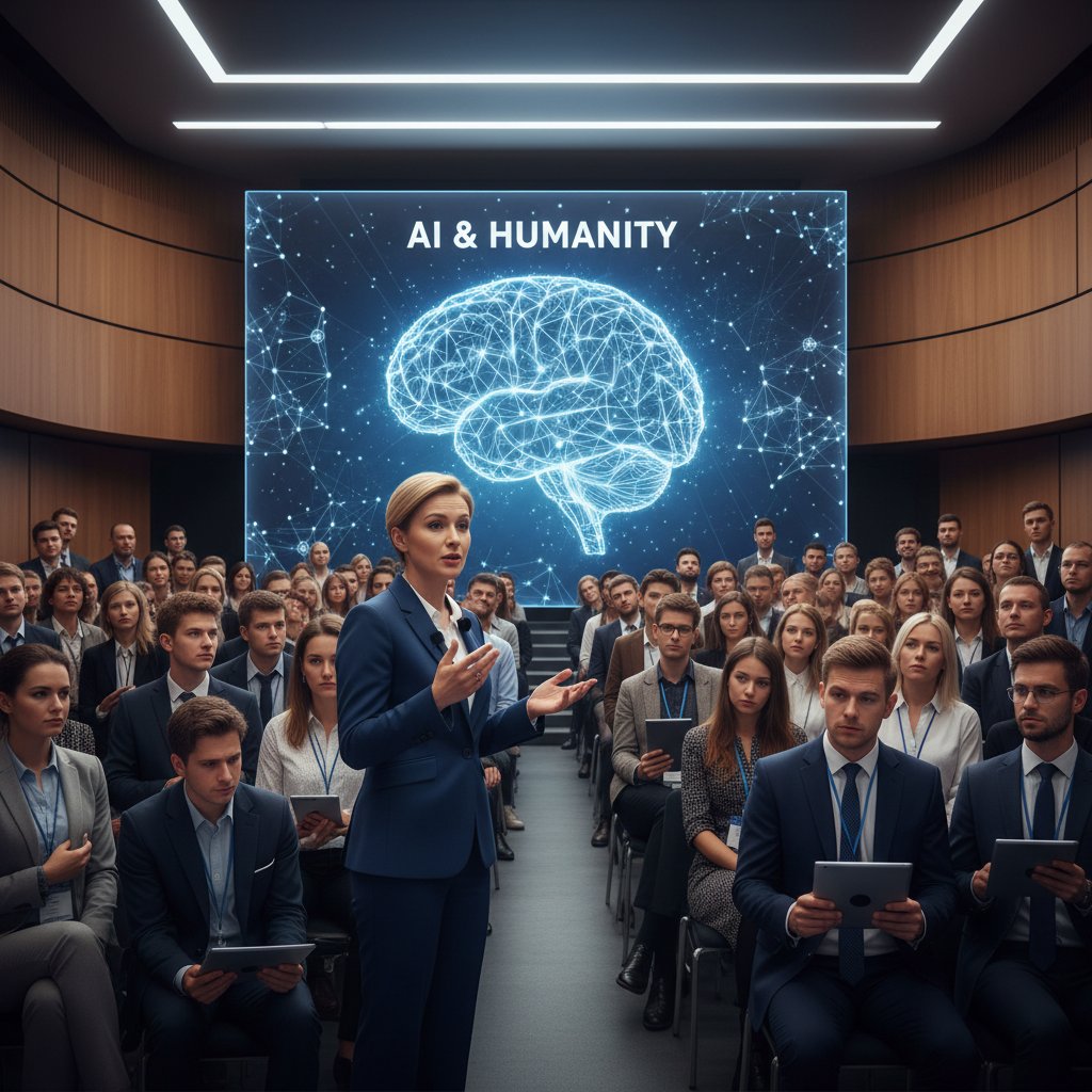 Prelegent na konferencji, publiczność reaguje mieszanymi emocjami – AI i autentyczność na scenie