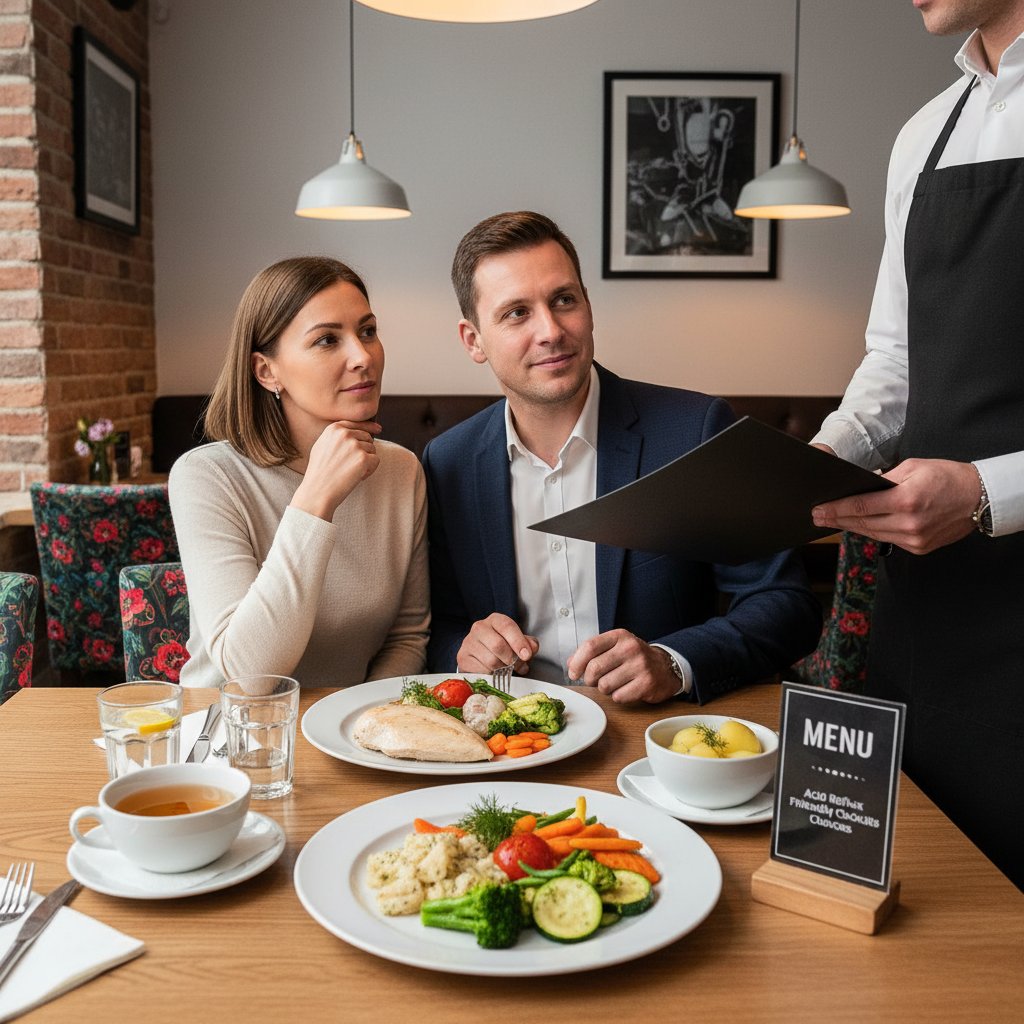 Polska restauracja, osoba wybierająca lekkostrawne danie – gotowane warzywa, chude mięso, dieta przy refluksie