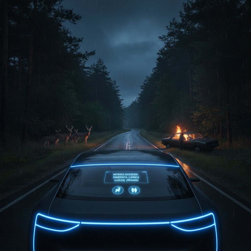 Polska droga nocą, autonomiczny samochód – ilustracja dylematu
