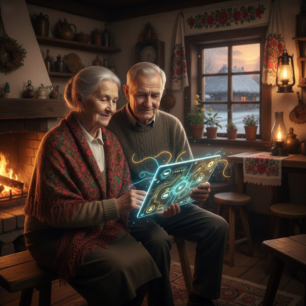 Seniorzy na polskiej wsi korzystający z wirtualnego asystenta zdrowotnego, ciepłe światło, tablet z AI