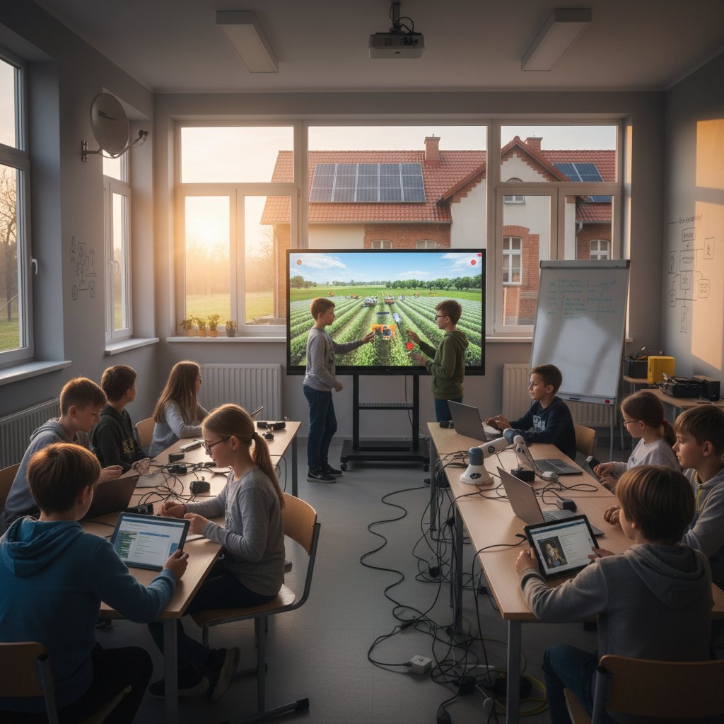 Polska szkoła wiejska z uczniami korzystającymi z symulatora rozmów edukacyjnych