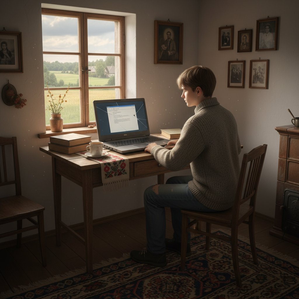 Polska uczennica ze wsi korzystająca ze starego laptopa w skromnym otoczeniu, naturalne światło – korepetycje online na obszarach wiejskich